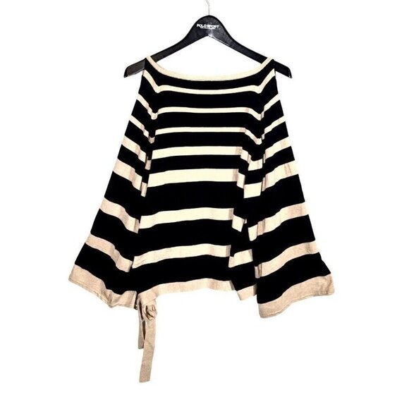 Boston Proper Size L Black Cream Cold Shoulder Stripe Trumpet Sleeve Tie Sweater - Picture 7 of 7